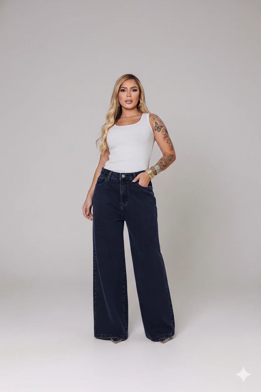 Calça Pantalona Jeans Lanny - Preta