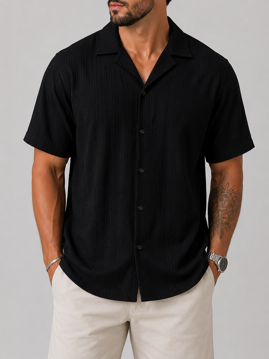 Polo Tricot Resort Listrada Preta e Off White