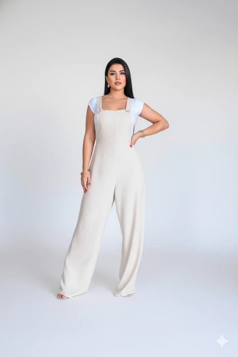 Macacão Linho Jardineira Nicole - Bege