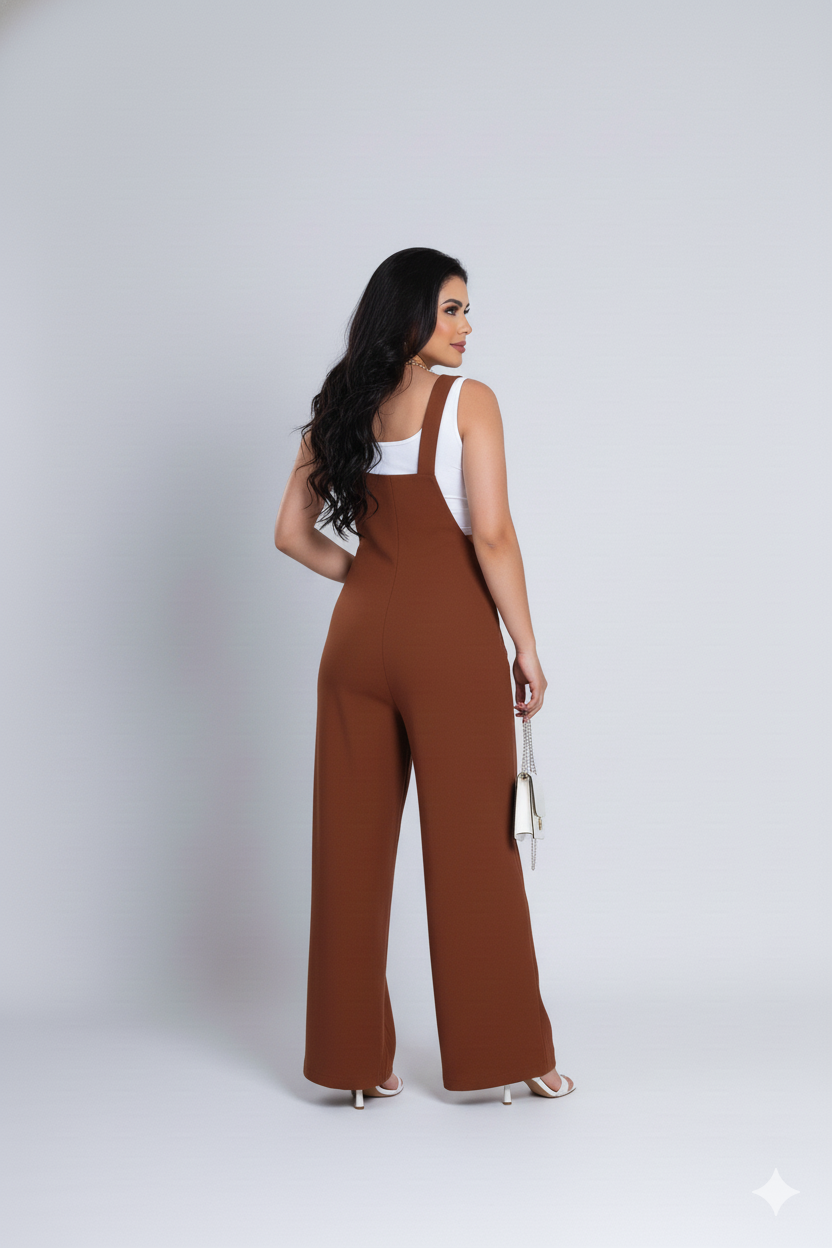 Macacão Linho Jardineira Nicole - Marrom