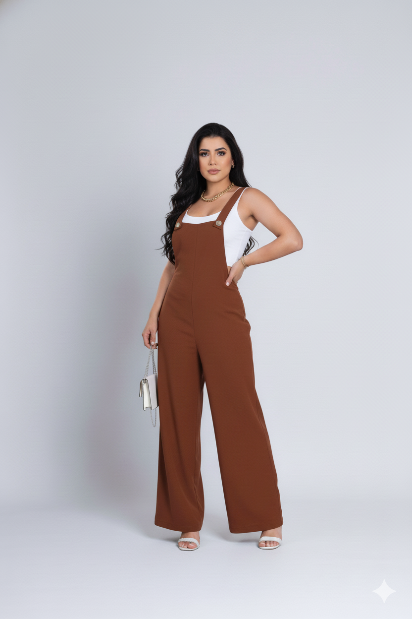 Macacão Linho Jardineira Nicole - Marrom