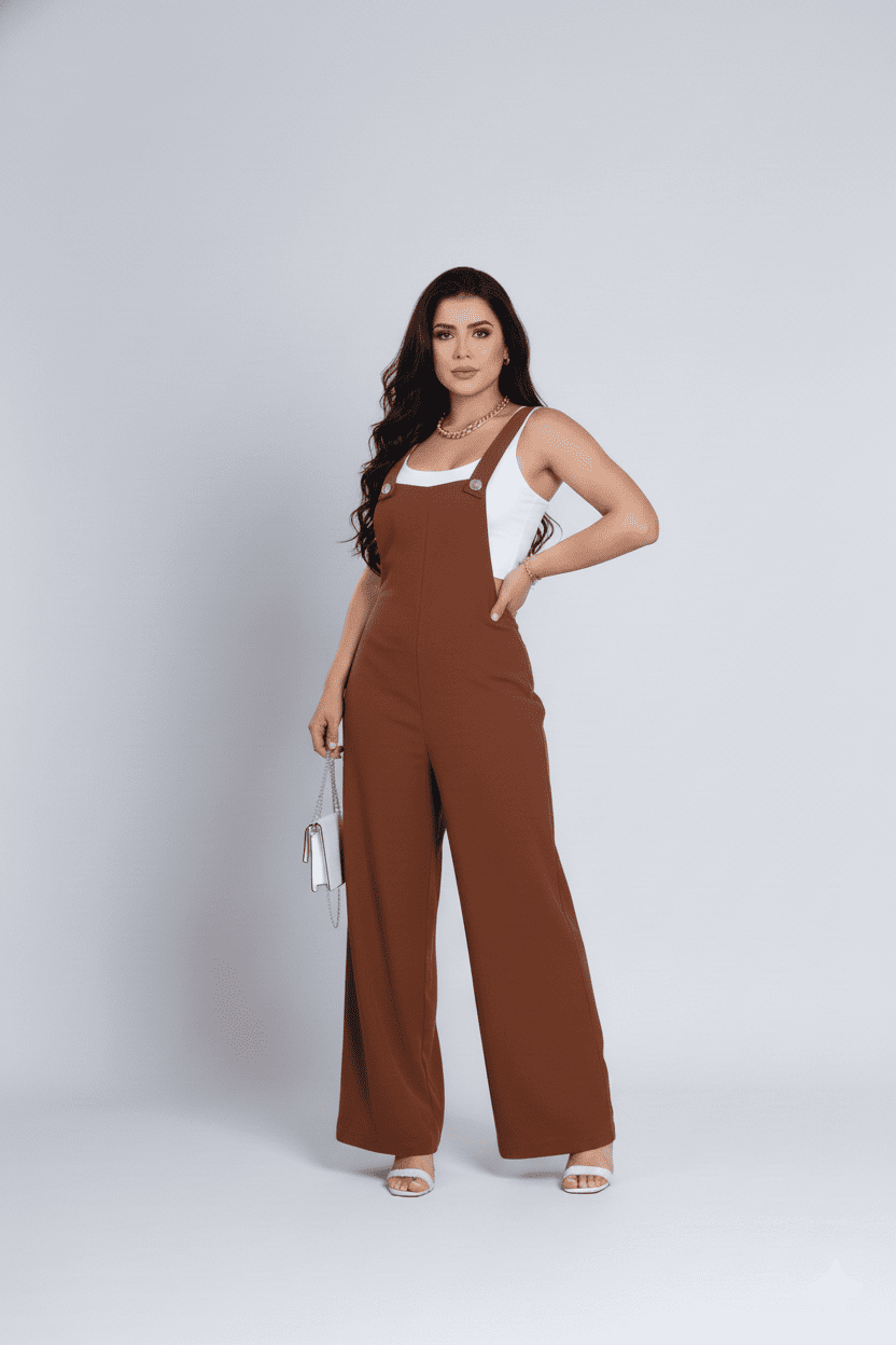 Macacão Linho Jardineira Nicole - Marrom