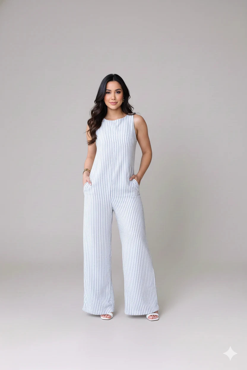 Macacão Listrado Paloma - Cinza