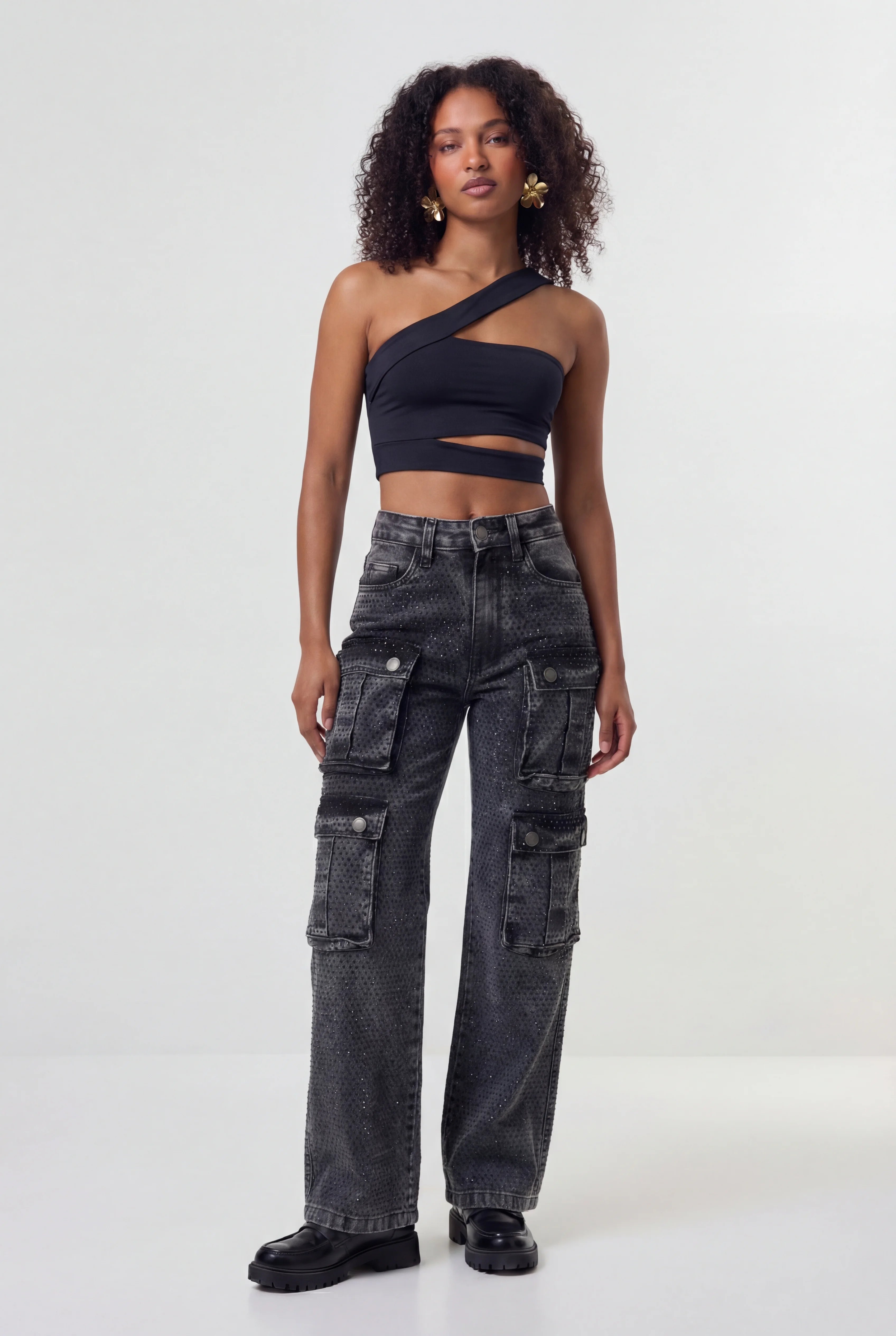 Calça cargo jeans feminina marmorizada Oliviana da Flenvin