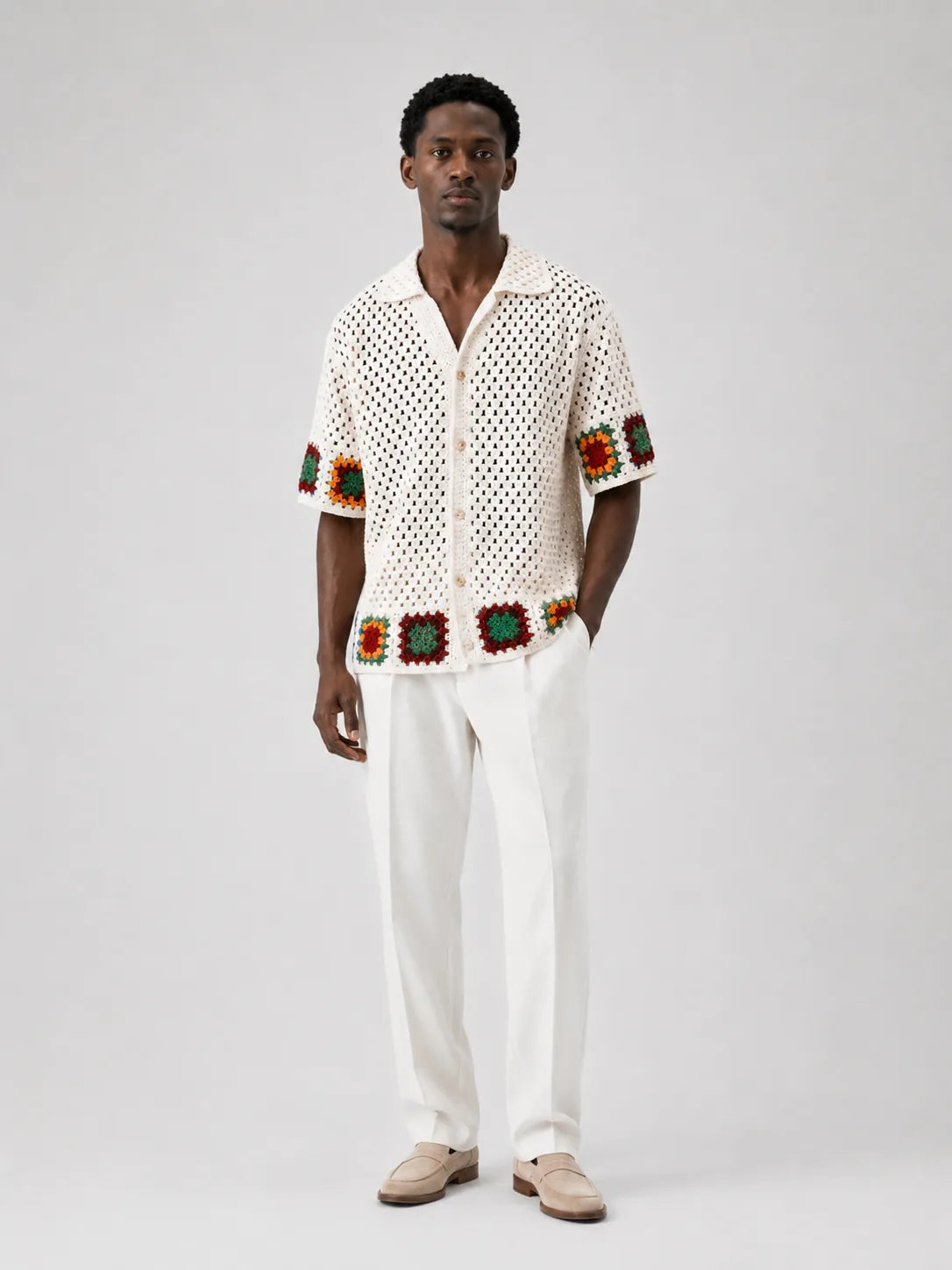 Camisa Crochê Resort Off White e Verde